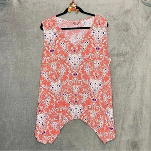 SJS 3X Top Shirt Coral Pink White Paisley Asymmetrical V Neck Sleeveless Stretch